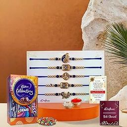 eCraftIndia Set of 5 Blue Golden Shri, Ganesha, Peacock, Flute, Floral Religious Rakhis for Brothers with Chocolate, Cadbury Celebrations Gift Pack of 5 Assorted Chocolate, Rakhi with Chocolate Gift-image-96