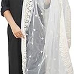 Women White Net Embroidered Dupatta, Free Size-image-100