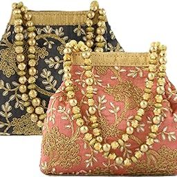 Heart Home Polyester 2 Pieces Embroidered Potli Batwa Pouch Bag for Women (Peach & Grey) HEART2881-image-19