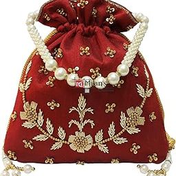 Pearl & Zardosi Potli Bag Hand Embroidery Drawstring Potli Women's Handbag Purse With Pearl Handle & Tassel Purse-28