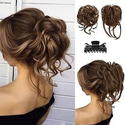 FLUSHIA Messy Juda Bun Hair Extension For Women | Claw Clip Messy Bun Hair Piece Curly Wavy Hair Bun Clip in Claw Ponytail Extensions for Women, (Golden,Highlight)-46