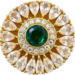 KUMUDA Gold Plated Rajasthani Borla Maang Tikka, Green Stone with Pearl Chain, American Diamond Studded Traditional Jewellery-image-52