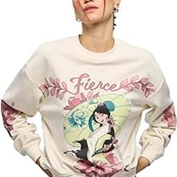 Mulan: Fierce Women and Girls Long Sleeves Round Neck Off White Graphic Printed Cotton Blend Oversized Sweatshirts-image-74