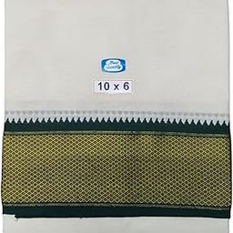 Traditional Mens Pure Cotton 16 Mayilkan Dhoti with Angavashtram, 10x6 Size, Green & Maroon-Gold Zari Border, Cream Off White Colour, 4.5 Metres Dhoti with 2.75 Metres Angavashtram,10+6 Panchakecham-picture-38