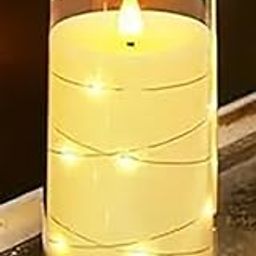 Jamboree!!! Flickering Flameless Candles: Built-in Star String Lights Acrylic 3D Wick Battery Operated LED Pillar Candles(5 Inch Pack of 1)-image-97