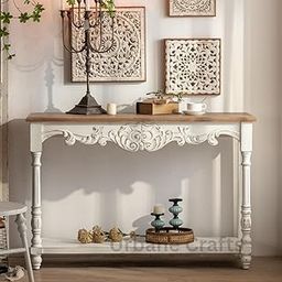 Urbane Crafts Mid-Century Modern Entryway Accent Table with Solid Wood Roman Column Legs, Wooden Tabletop, Farmhouse Sofa Table for Living Room, Hallway, Office, Antique White Distressed Finish-image-29