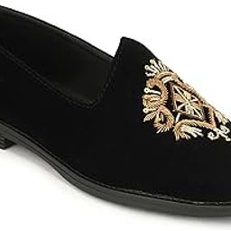 Men's Black Velvet Slip-On Loafers with Royal Embroidery | Ethnic Mojaris for Festive Occasions-image-84