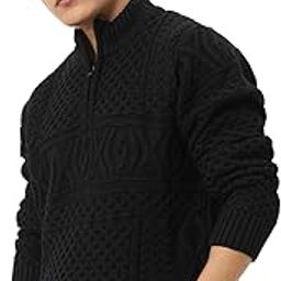 Cable Knit Pullover: Black Long Sleeves Stand Collar Solid Acrylic Oversized Pullovers-45