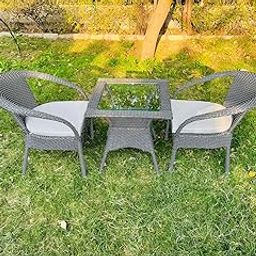 TERRALUXE 2+1 Wicker Patio Furniture Set, 2 Chairs with 2 Grey Cushions and Square Glass Table, Powder Coated Frame UV PROTECTD Wicker Chair [D8 Black STR 2+1 Grey Cushions]-6
