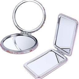 Boscaiola24 Oval Compact Mirror Round Traveling Portable Pocket Mirror for Girls Men and Women Mini Mix Glitter 1X/2X Magnifying Round Metal Pocket Makeup Mirror, Small Mirror (Multi-Design) Pack Of 2-24