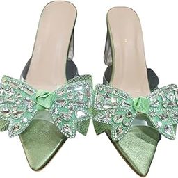 Elegant Women’s Green Satin Pointed Toe Mules with Embellished Bow Detail | Sparkling Crystal Accent Slip-On Heels | Stylish Party & Ethnic Footwear for Special Occasions-image-81
