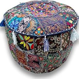 Sophia-Art Indian Embroidered Patchwork Cover Indian Decorative Pouf Indian Comfortable Floor Cotton Cushion Ottoman Pouf,Indian Designs Ethnic Patchwork Pouf (Blue, 18"x13")-image-55