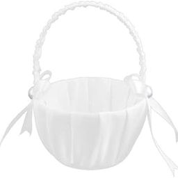 VELURA 6xWhite Satin Pearl Wedding Flower Girl Basket Bowknot Decor |(6 Pack)1 X Flower Girl Basket(6 Pack)| Ring Pillows & Flower Baskets| Wedding Supplies-image-24
