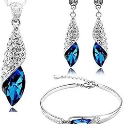 om jewells Combo of Crystal Blue Exquisite Rhodium Plated Pendant Necklace Set and Bracelet for Women-picture-8