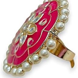 Gold Tone Traditional Finger Ring For Women | Kundan Studded, Meenakari & Pearl Detail Ethnic Adjustable Finger Ring For Women & Girls-image-86