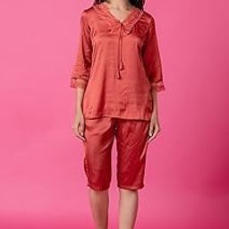 Satin Nightwear Set for Women | Premium 2 Pcs Lace Top & Capri Bottoms | Night Wear Set of Top and Pyjama | Shirt and Pajama | Comfortable & Stylish | Rusty-image-81