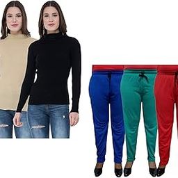 IndiWeaves Women Winter Wear Combo Pack- Full Sleeves High Neck/Skivvy and Fleece Warm Lower/Track Pants (Beige, Black, Blue, Sea Green, Red,42) Pack of 5-image-6