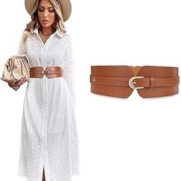 Women's Fashion PU Width Belt, Ladies Metal Buckle Design Belt Interlocking Buckle Vintage Blouse Blazer Dress Belt Stretch Cinch Belt for Women (Brown, 23-33 inches)-image-9