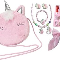 AMANVANI Unicorn Gift Set for Girls, 4 Pieces - Fur Sling Bag, Crossbody Handbag, Necklace Set, Hair Bow with Nail Art Birthday Return Gifts-image-80