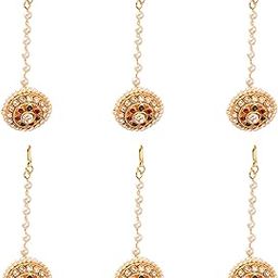 Gold Plated BOR Maang Tikka | Kundan & Pearl Bor Tika With White Kundan | Matha Patti | Borla | Studded Head Chain for Women & Girls - Set of 6-image-41