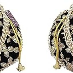 Potli Bag Velvet Golden Work Wedding potli for Ladies Gift for Women Handbags Traditional Indian Wristlet with Drawstring Ethnic Embroidery Women Fashion Potli (Black)-image-34