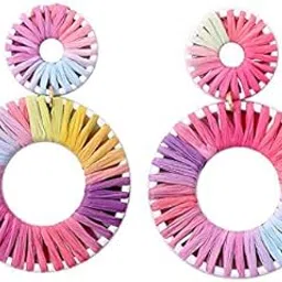 mizorri Raffia Tassel Hoop Drop Earrings Handmade Fashion Statement Jewelry for Women And Girls-picture-0