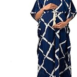 Women's Jaipuri Printed 100% Cotton Feeding Kaftan with Invisible Zip | Feeding/ Maternity/ Nursing Nightdress/ Nighties Sleep Wear - Crisscross- Indigo - Multicolour-8
