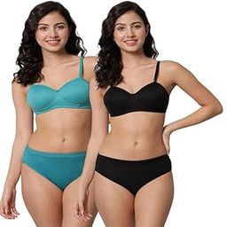 Women's Cotton Half Coverage Lightly Padded Wire Free Bra Panty Lingerie Set Honeymoon Bikni Set for Girl's Combo Pack of 2-image-63