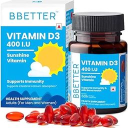 BBETTER Vitamin D3 Supplement for Immunity, Healthy Bones & Strong Muscles - 60 softgels of Vitamin D (Cholecalciferol) with the recommended daily dosage of 400IU-57