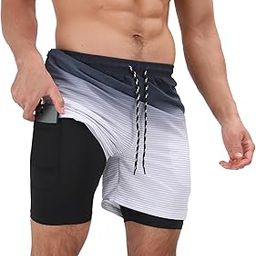 Mens Swim Trunks with Compression Liner 2 in 1 Quick Dry Beach Swimming Trunks Swim Shorts with Zipper Pockets-image-15