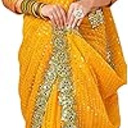 Women's Georgette Sequence Embrodery Scollped Border Saree With Unstitched Blouse Piece-image-34