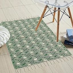THE HOME TALK Printed Handmade Cotton Rectangular Carpets | Rugs for Bedroom, Center Table, Living Room, Drawing Room, Hall | Machine Washable | 2' X 3' | Green & Natural-image-14