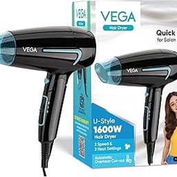 Vega U Style Foldable Hair Dryer for Women & Men with 1600 Watts, Cool Shot Button, 2 Speed/3 Heat Settings, Detachable Nozzle, Travel Friendly, Fast Hair Drying, (VHDH-24), Black-26