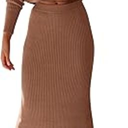 Women's Autumn 2 Piece Sweater Set Ribbed Knit Long Sleeve Crop Top Maxi Bodycon Skirt Casual Winter Outfits-19