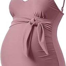 Maternity Swimsuit V-Neck One Piece Maternity Monokini Tie Front Bathing Suit Pregnany Swimwear, Dark Pink, Medium-image-80