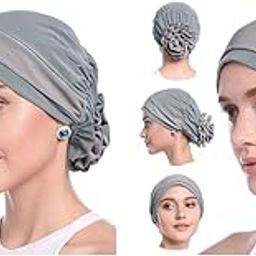 Chemo Caps for Women Cotton Stretchy Turban Cap Headwear Head Wrap Flower Skull Cap Cancer Beanie Head Coverings Grey X 2-image-67