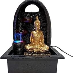 Polyresin Golden Brown Meditating Buddha Table Top 3 Steps Indoor Water Fountain for Home Decor with Multicolor LED & Speed Controller Pump-image-62