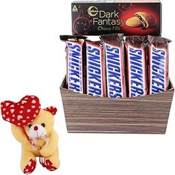 SFU E Com Peanut & Dark Fantasy Choco Fills Combo Hamper | Valentine Heart Teddy Bear With Chocolate Combo | Valentine Chocolate Hamper | 975-18