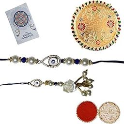 Evil Eye Rakhi & Lumba Set for Bhaiya Bhabhi with Greeting Card, Roli Chawal & Decorative Thali | Blue Beads Pearl Rakhi Combo for Raksha Bandhan for brother and sister in law-image-59