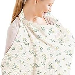Konssy Muslin Nursing Cover for Baby Breastfeeding, Breathable 100% Cotton Breastfeeding Cover with Rigid Hoop for Mother Nursing Apron, Multi-use Carseat Canopy (Leafy)-35