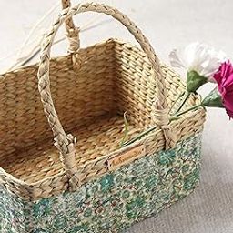 Habere India-All the Cultures Fabricating India Gift Hamper Baskets | Decorative Storage Baskets | Fruit Basket | Cane Basket | Shelf Basket | Seagrass Rectangular Organiser- Green (L29xB22xH13 CM)-image-52