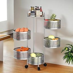 Kuber Industries Kitchen Storage Rack | 5-Tier Round Multipurpose Storage Trolley with Wheels | Rotating Vegetable Rack | Metal Fruit Rack | Silver-image-28