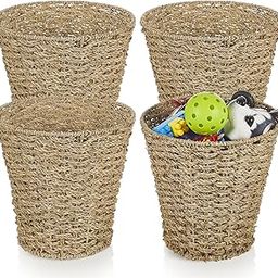 Hushee 4 Pcs Seagrass Wicker Trash Can Wicker Waste Basket Woven Rattan Trash Can Boho Wicker Waste Basket for Bathroom Bedroom Kitchen Offices Home, Brown-15