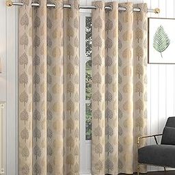 Yellow Weaves Rich Jacquard Fabric Curtains for Door, Lilac Leaf, 7 Feet, Pack of 2, Beige Brown,Eyelet-31