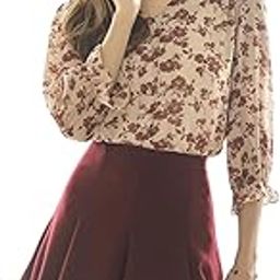 Style Women's Floral Print Button Down Top with Long Sleeves and Burgundy High-Waisted Skirt-38