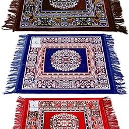 Kuber Industries 3 Pieces Velvet Prayer Mat/Aasan/Pooja Mat/Meditation Rectangular Shape Mat/Multipurpose Velvet Rug Mat 2 Ft X 2 Ft (Brown & Royal Blue & Red) Ctktc33958-34