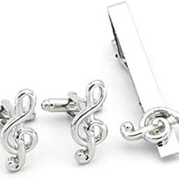 Silver Tone Brass Music Note Cuff Links and Tie Clip Set-image-12