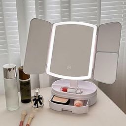 Makeup Mirror Vanity with Lights - 3 Color Lighting Modes Trifold Mirror, Magnification, Touch Control Design, Portable High Definition Cosmetic Lighted Up White-41
