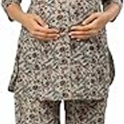 Pre & Post Maternity / Nursing Wear Hand Printed Night Suits / Night Dress with Both Sides Zipper for Easy Feeding for to Be Moms & Nursing Mothers – Pure Cotton – Grey Green-picture-49