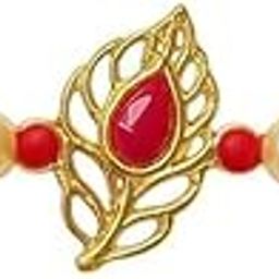 Traditional Red & Gold Lotus Rakhi with Pearls – Handcrafted Rakhi for Brother – Includes Roli Chawal & Greeting Card – Raksha Bandhan Gift for Bhaiya, Brother, Veera-29